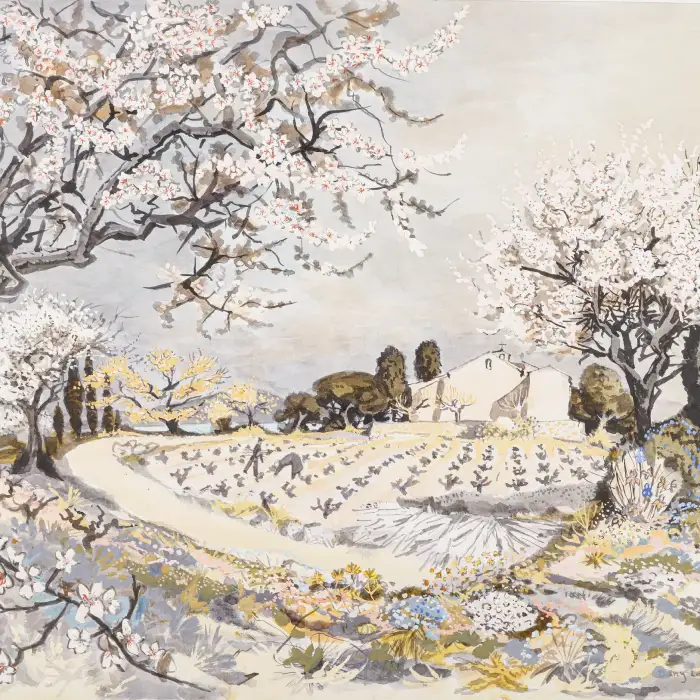 IKO805-LAR-12F-61x50-Mix Media on board-Les amendiers en fleur-Dany LARTIGUE-.webp